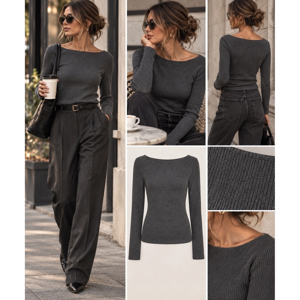 Mango M Charcoal Ribbed Boat Neck Top 90s Minimalist Copenhagen Long Sleeve